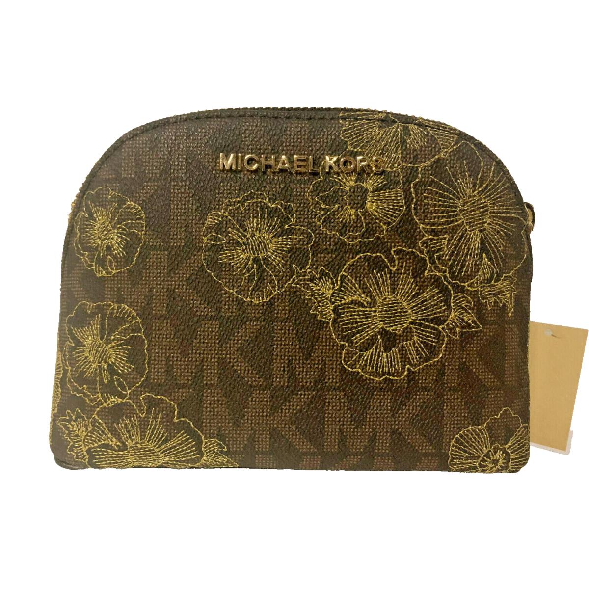 Michael Kors Jet Set Travel Large Cosmetic Leather Pouch-brown - Exterior: Brown, Hardware: Gold, Lining: Beige