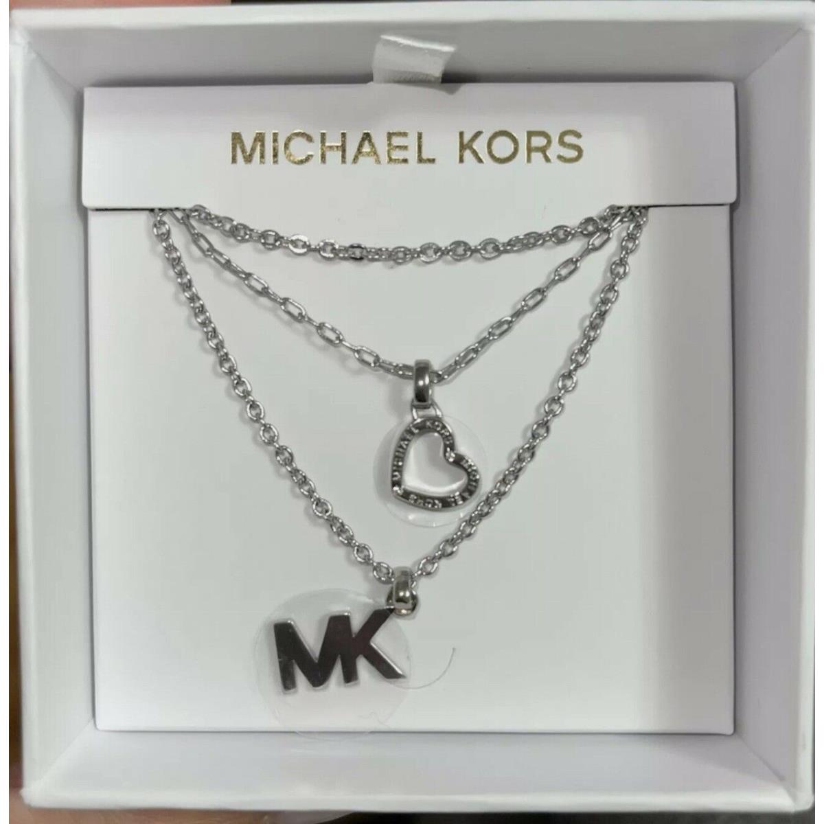 Michael Kors Women`s Fashion Silver Tone Multi-strand Heart Logo Necklace