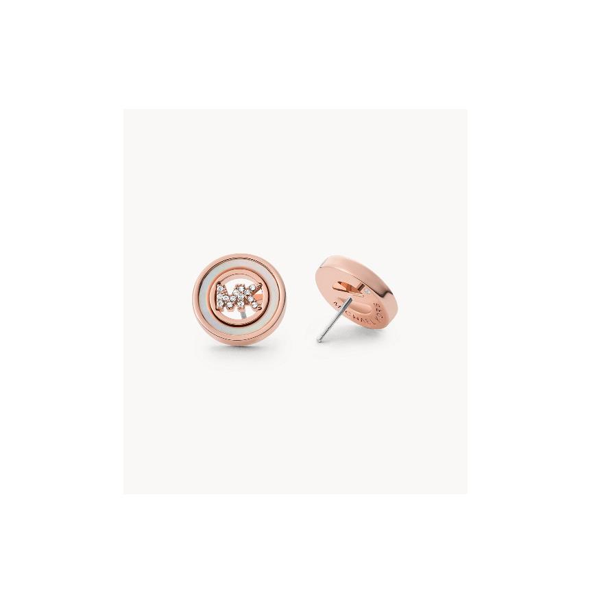 Michael Kors MK Logo Rose Gold Mother of Pearl Stud Earrings Crystals MKJ7766791