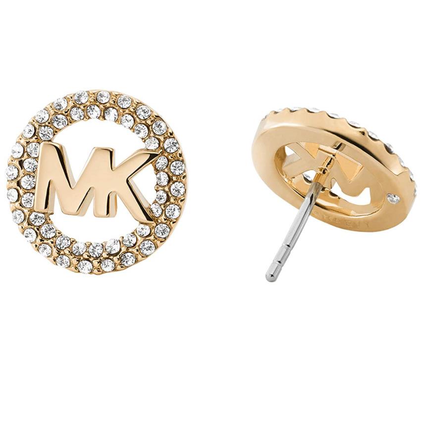 Michael Kors MK Logo Yellow Gold Stud Earrings Crystals MKJ7322710 + MK Gift Box