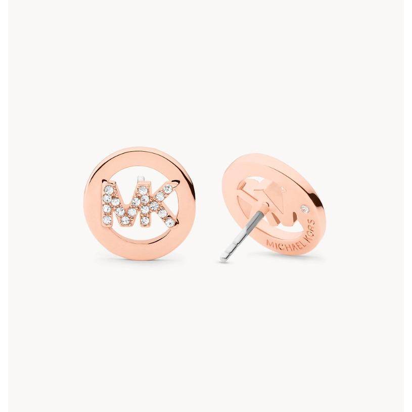 Michael Kors MK Logo Rose Gold Brass Stud Earrings Crystals MKJ7631791 + MK Box