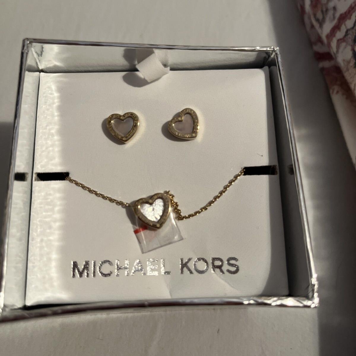 Michael Kors Gold Tone Chain Mop Heart 2 PC Set Necklace+earrings S1