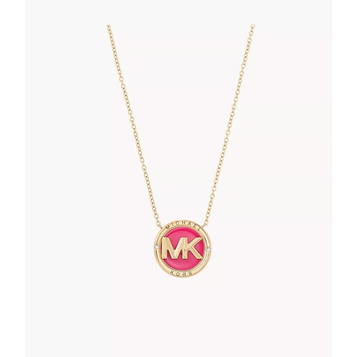 Michael Kors Yellow Gold Hot Pink Enamel MK Logo Pendant Necklace MKJ7870710