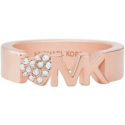 Michael Kors MK Logo Crystal Pave Heart Rose Gold Brass Ring MKJ7978791 Size 7