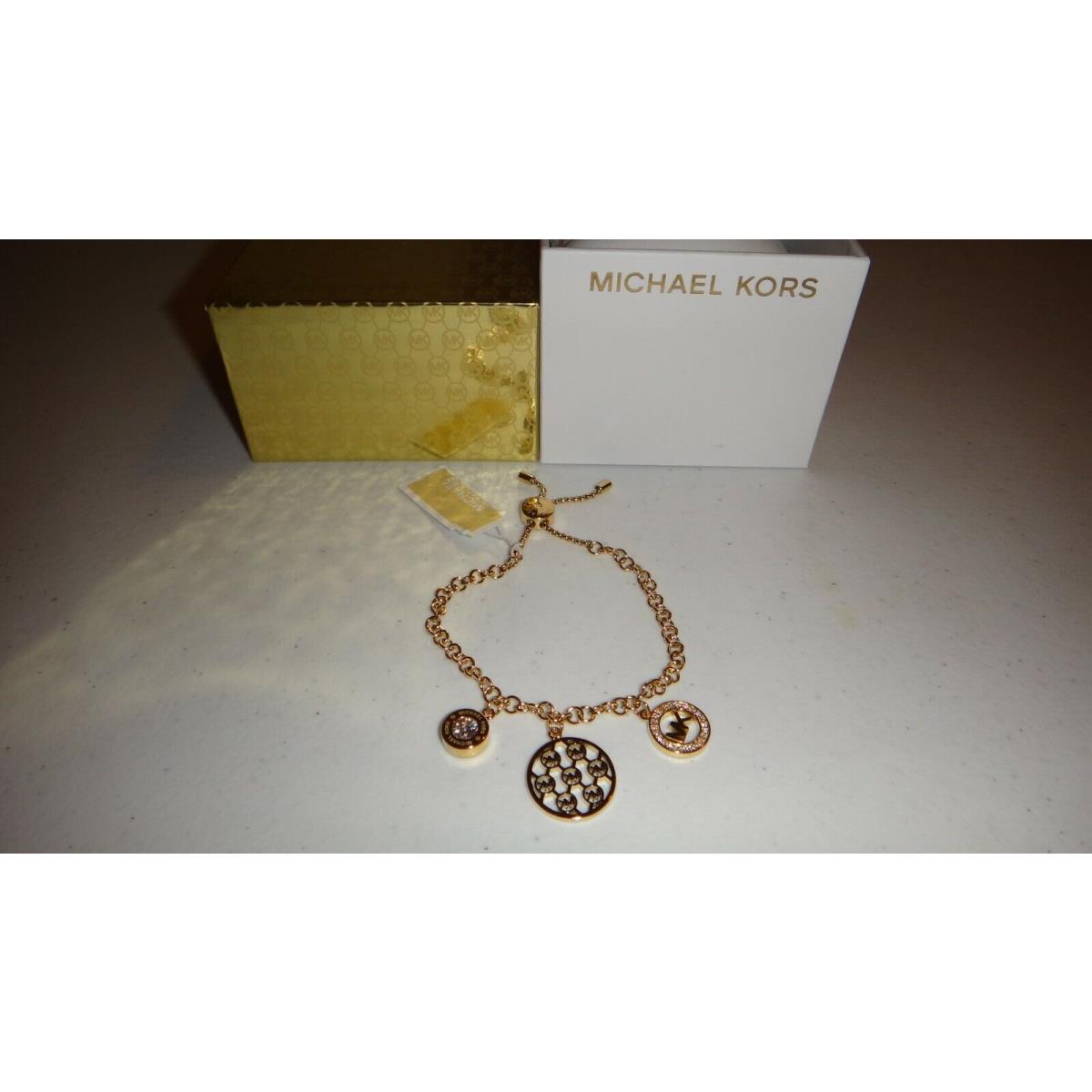 Michael Kors 3-PC MK Logo Charms Gold Slider Bracelet Crystals MKJ7386710 + Box