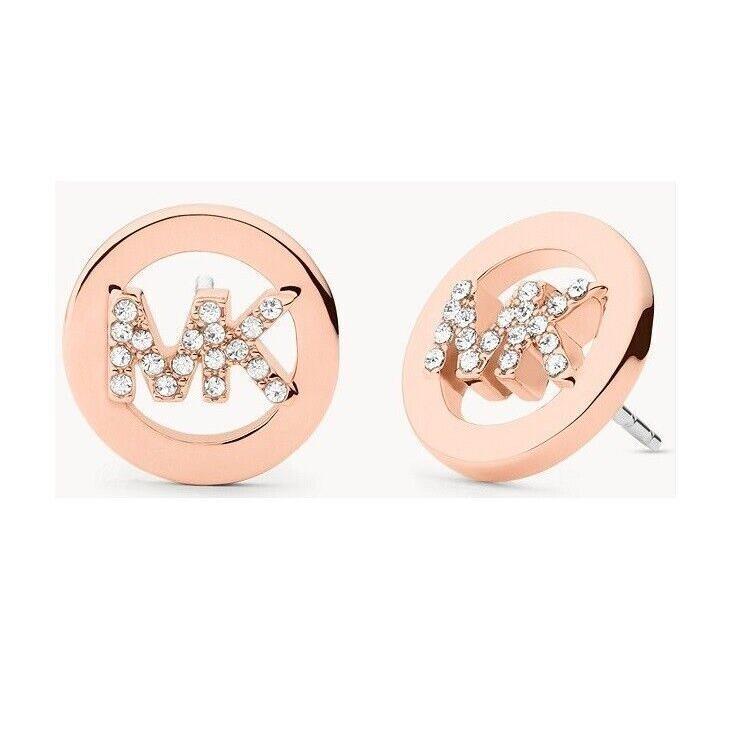 Michael Kors Womens Rose Gold-tone Crystal MK Logo Stud Earrings