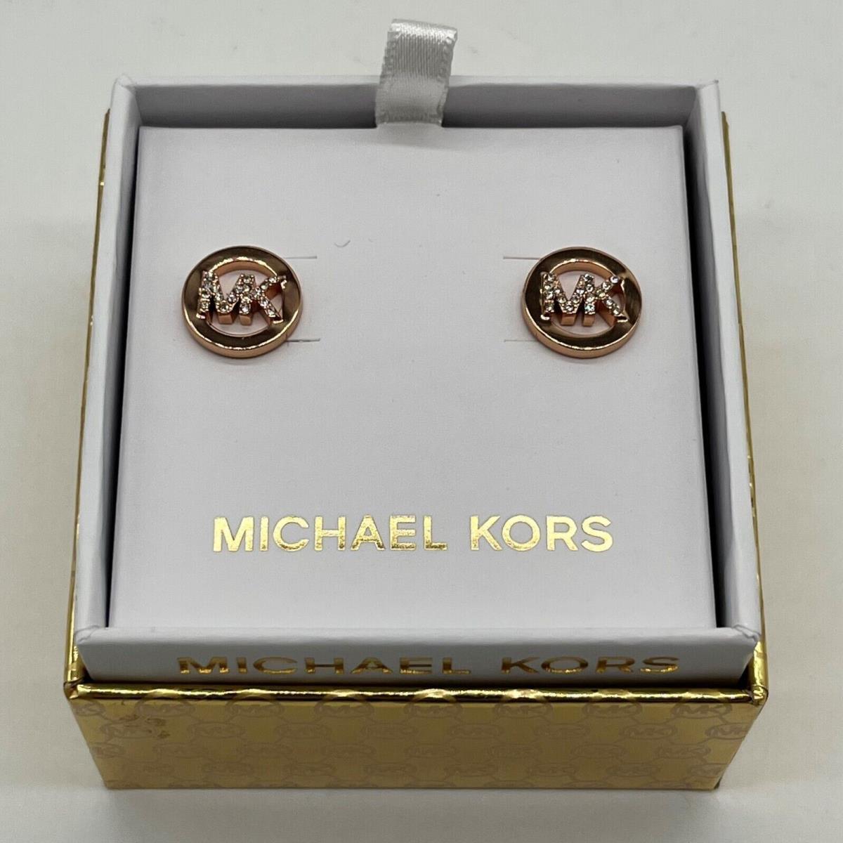 Michael Kors Womens Rose Gold-tone Crystal MK Logo Stud Earrings