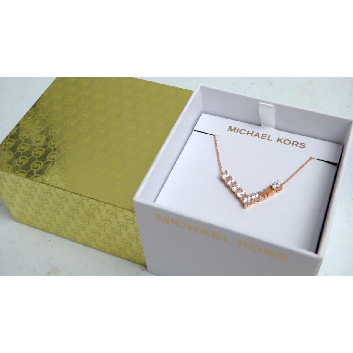 Michael Kors Rose Gold MK Logo Necklace 7 Single Crystals MKJ7315791 + MK Box