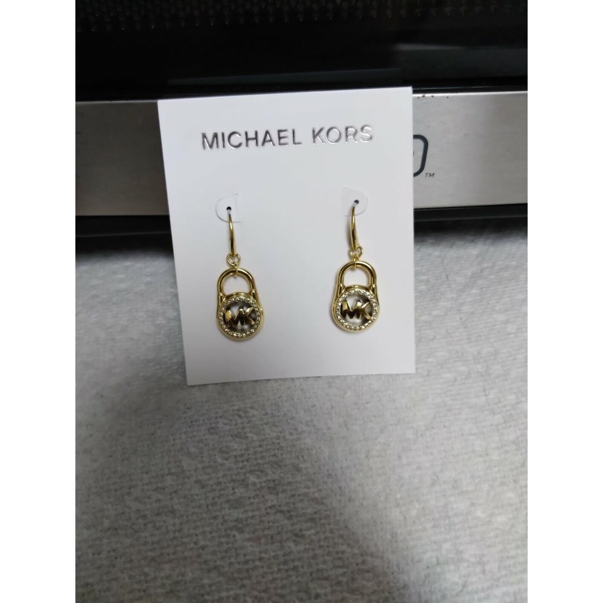 Michael Kors Gold Tone Crystals Glitz MK Padlock Drop Hook Earrings MKJ7392