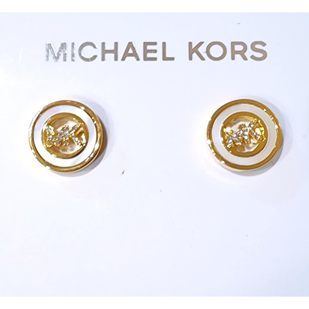 Michael Kors Gold Tone MK Logo Mop Crystals Disc Stud Earrings MKJ7764