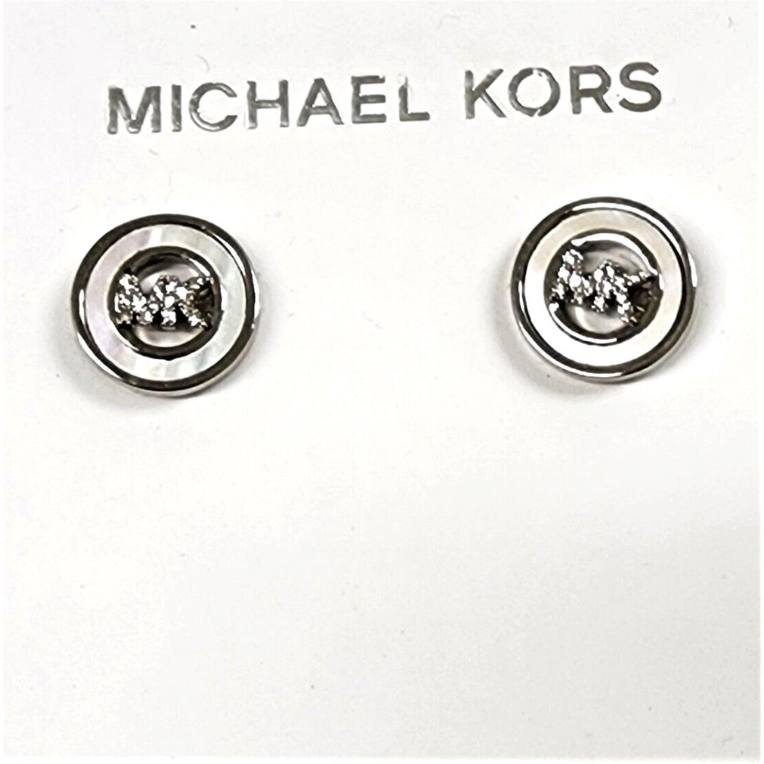 Michael Kors Silver Tone MK Logo Mop Crystals Disc Stud Earrings MKJ7765