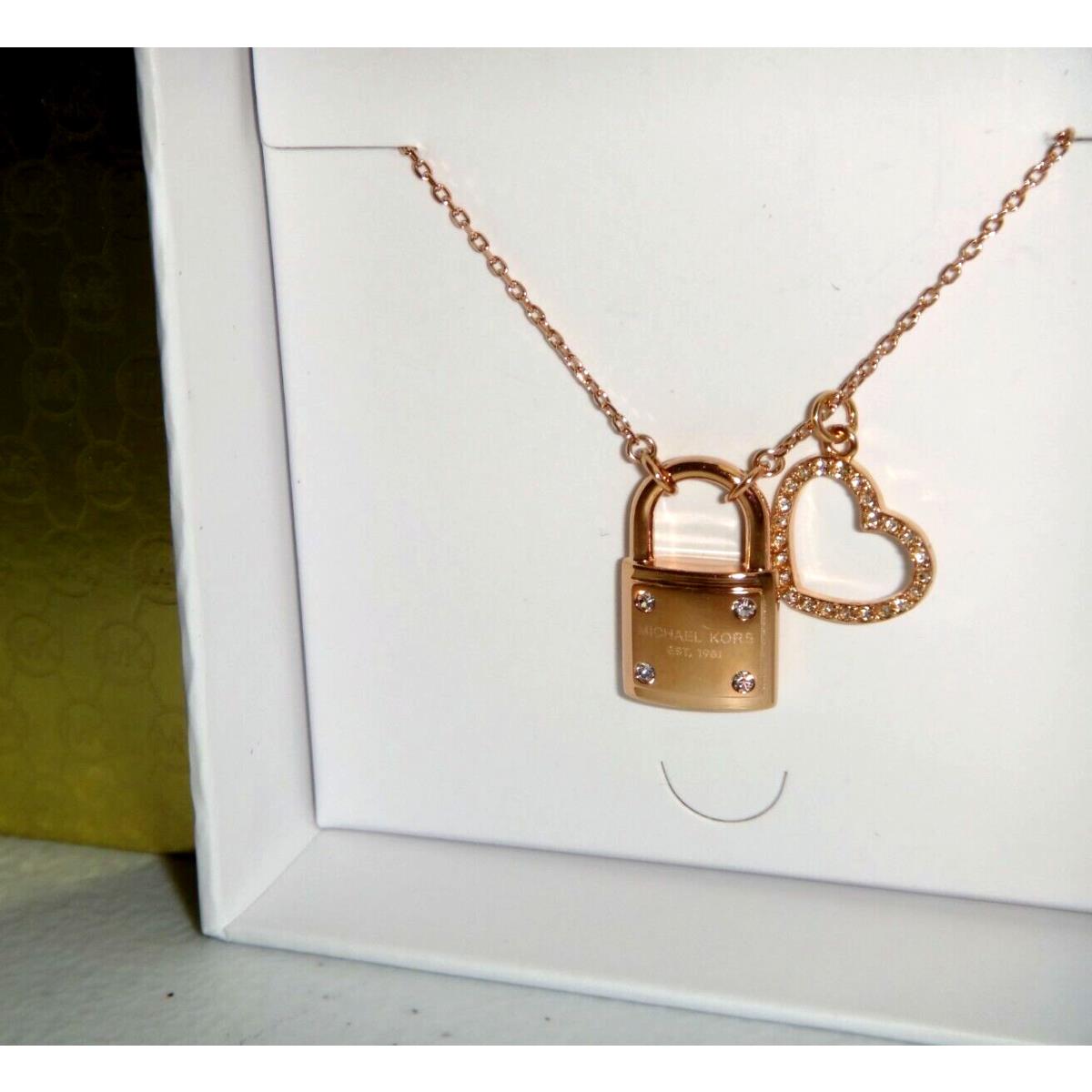 Michael Kors Gold 2-Pendants Necklace Padlock Heart Crystals MKJ7398710 + MK Box