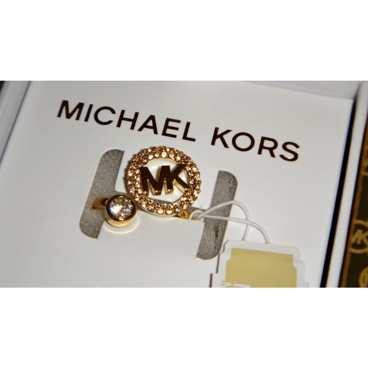 Michael Kors MK Logo Yellow Gold Brass Ring Crystals Pave MKJ7328710 Size 8 +box