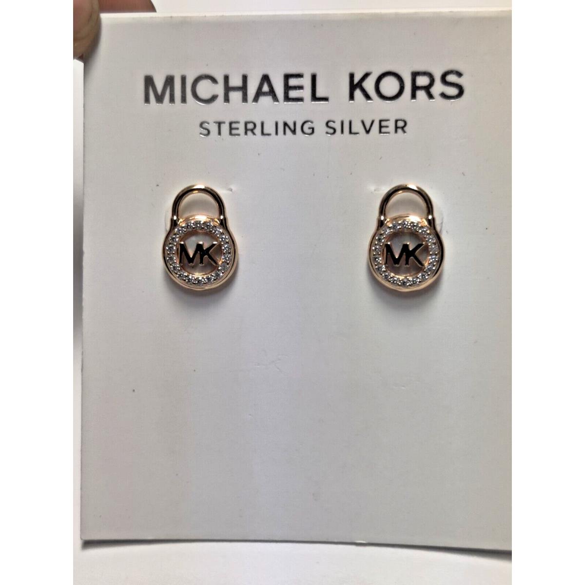 Michael Kors MK Logo Crystal Lockers Post Earrings Sterling Silver Mother Pearl