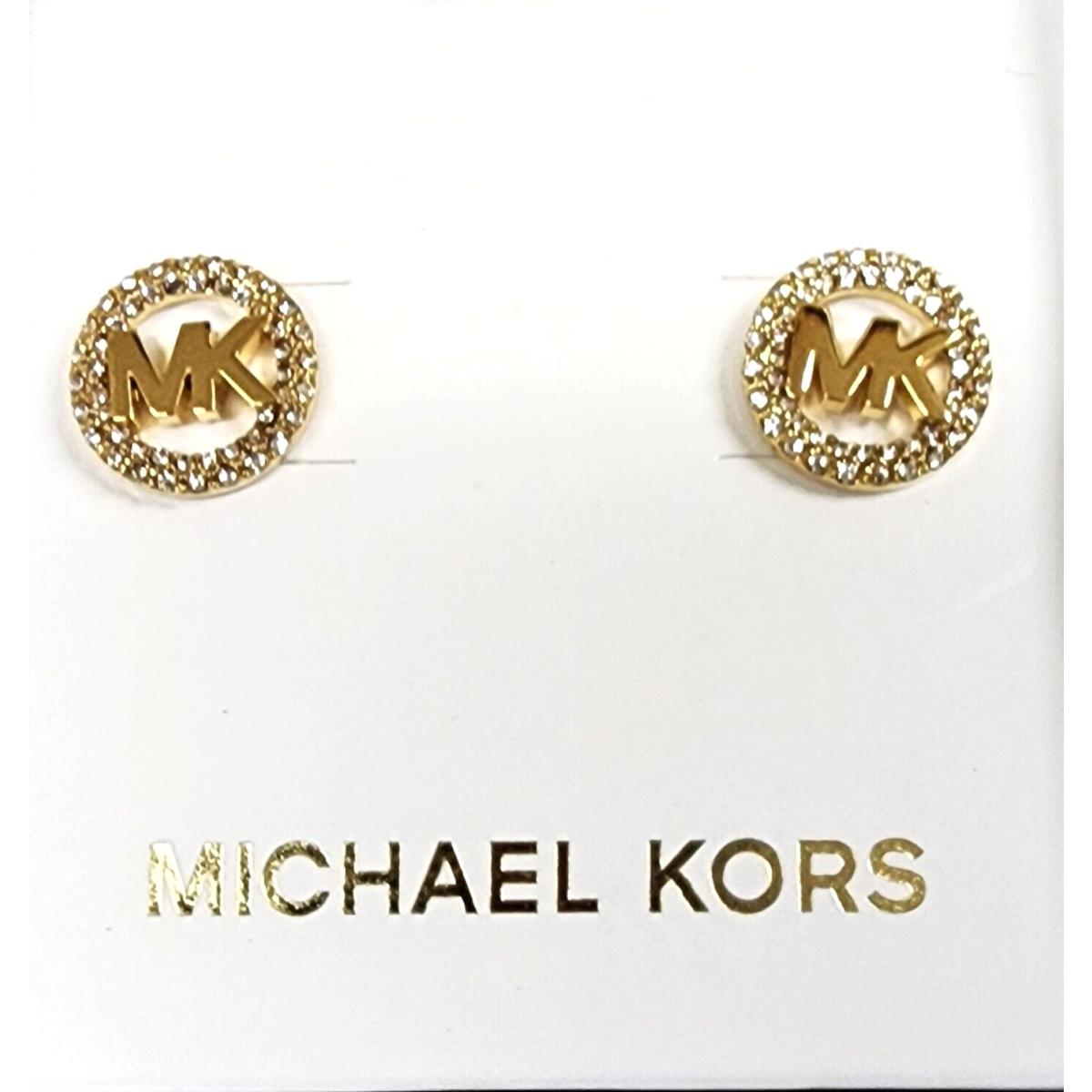 Michael Kors Gold Tone Pave Crystal MK Logo Stud Earrings MKJX73227