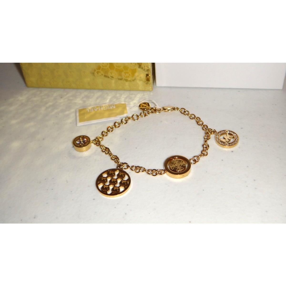 Michael Kors 4-PC MK Logo Charms Gold Slider Bracelet Crystals MKJ7383710 + Box