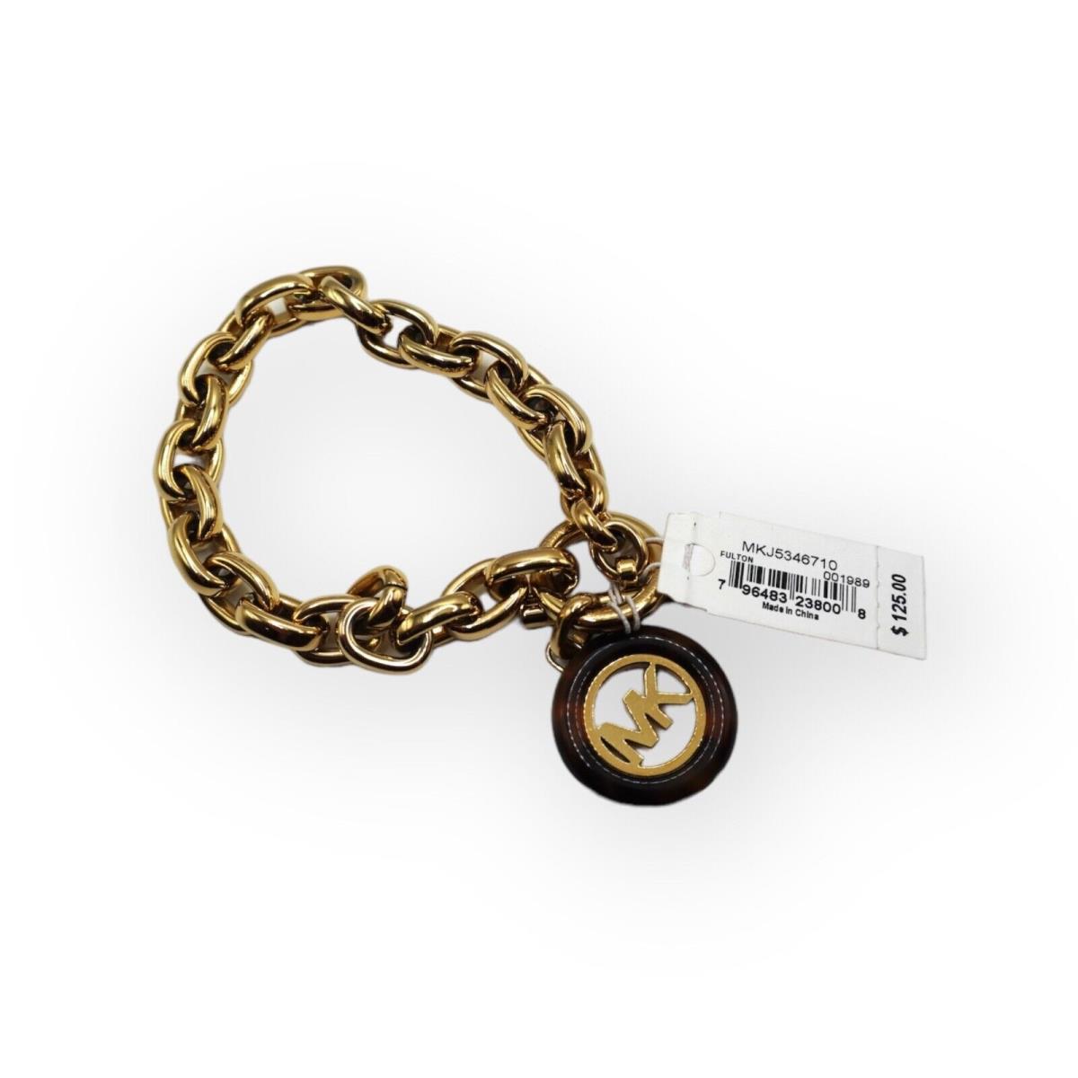 Michael Kors Gold Tone Chain Bracelet with Leopard Border Gold MK Logo