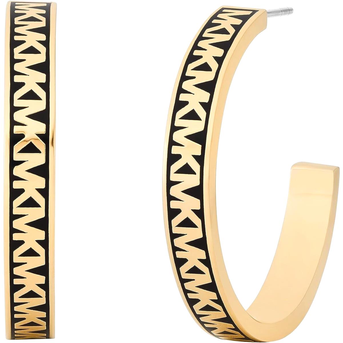 Michael Kors Gold Tone Black Enamel MK Logo Large Hoop Earrings
