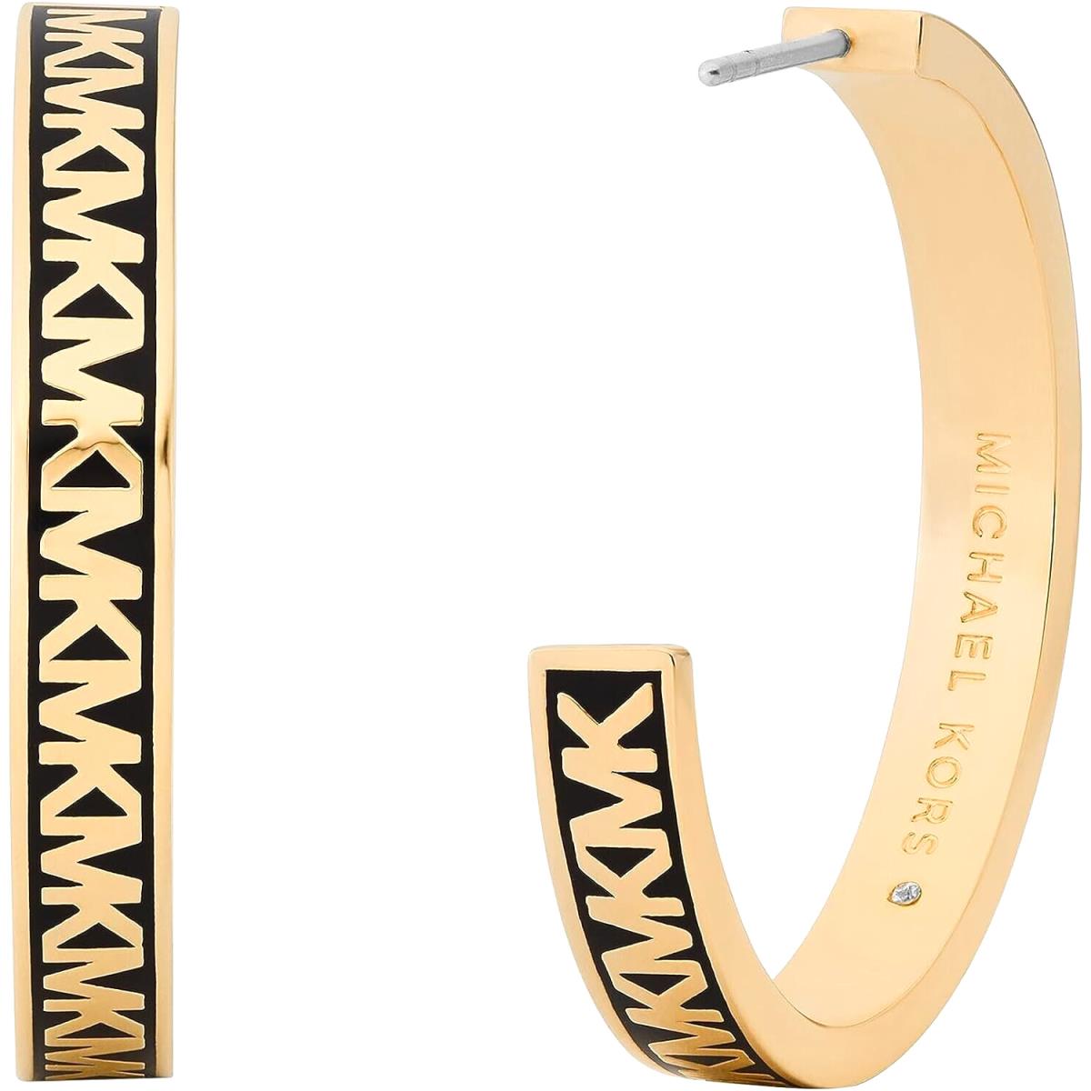 Michael Kors Gold Tone Black Enamel MK Logo Large Hoop Earrings