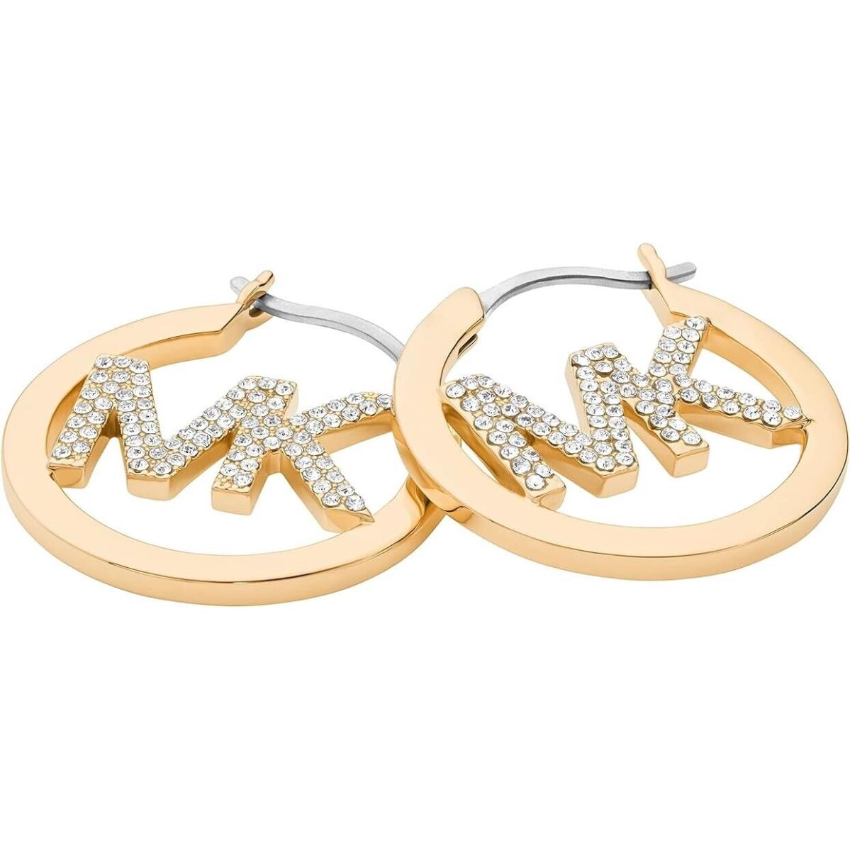 Michael Kors Gold Tone MK Crystals Logo Open Hoop Earrings MKJ7635
