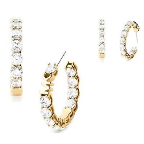 Michael Kors Brass Gold Tone Large Crystals Open Hoop Earrings MKJ7310 -box