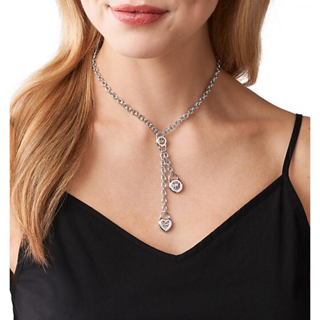 Michael Kors Silver CZ Pearl Heart Padlock Lariat Necklace MKC1561A6040