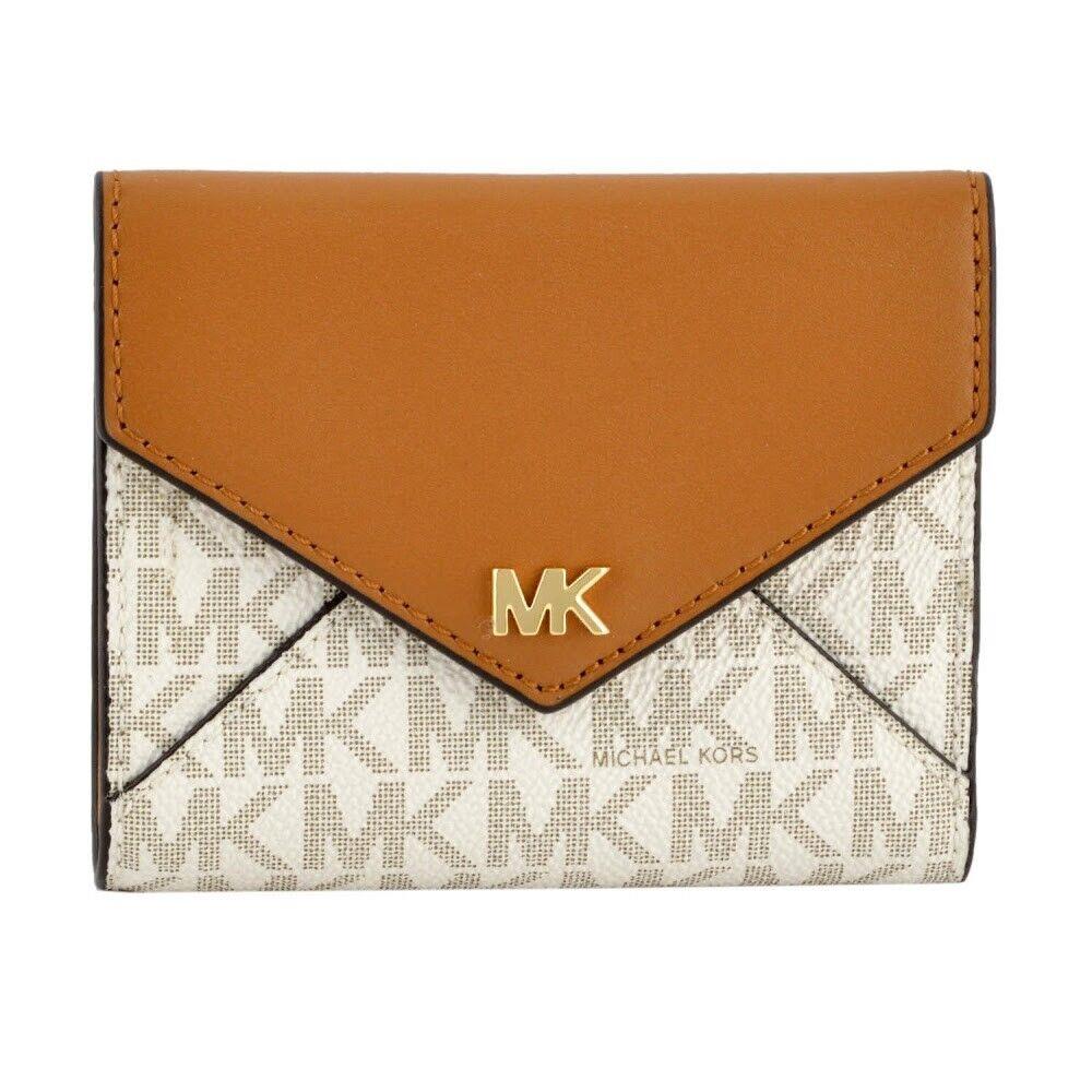 Michael Kors Medium Brown Leather+white Acorn Pvc Tri-fold Envelop Wallet