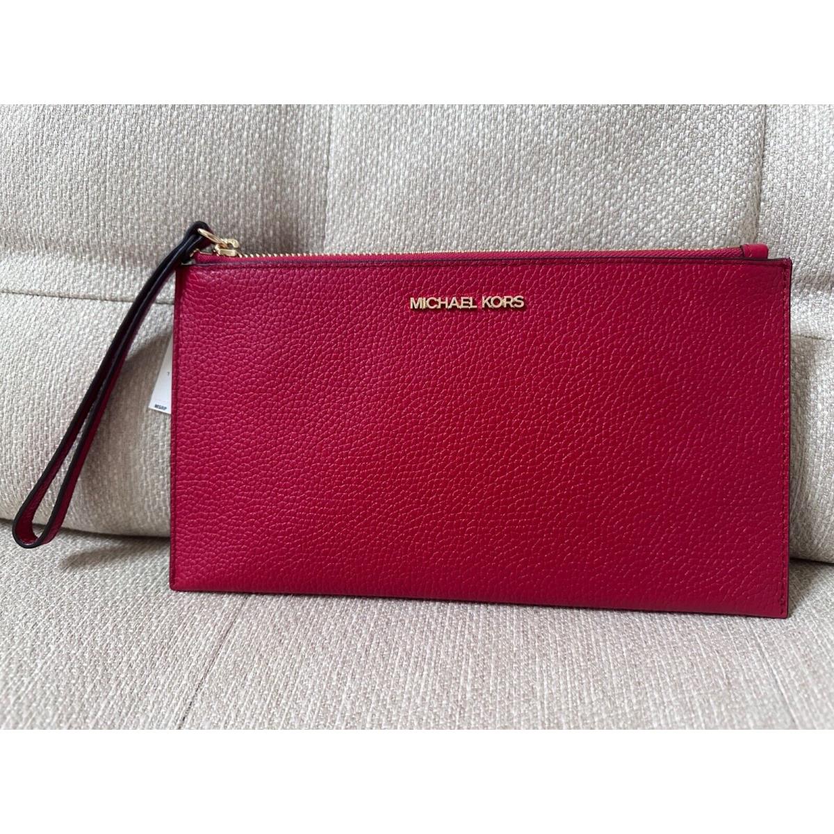 Michael Kors Jet Set Large Pebble Leather Zip Clutch Wristlet Red Crimson