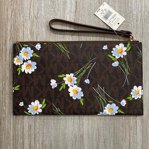 Michael Kors Jet Set Floral MK Signature Brown LG Zip Clutch Wristlet Wallet