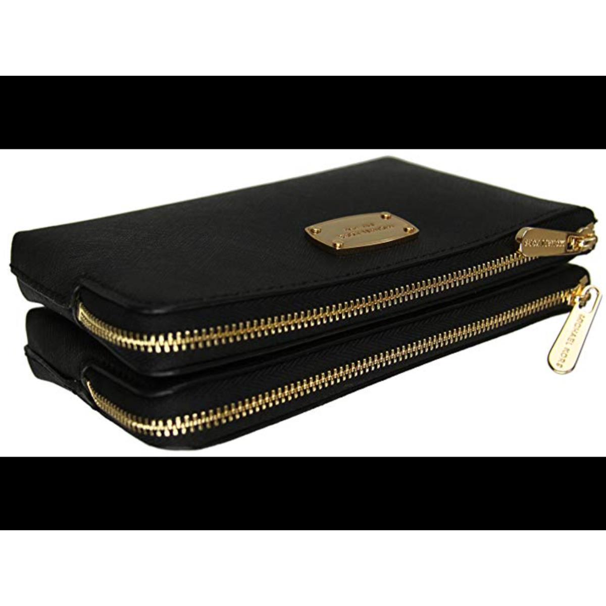 Michael Kors Women`s MK Double Zip Wristlet Clutch Wallet Black Saffiano Leather