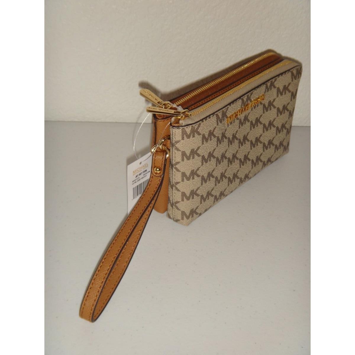 Michael Kors Womens MK Signature Double Zip Wristlet Clutch Wallet Natural Acorn