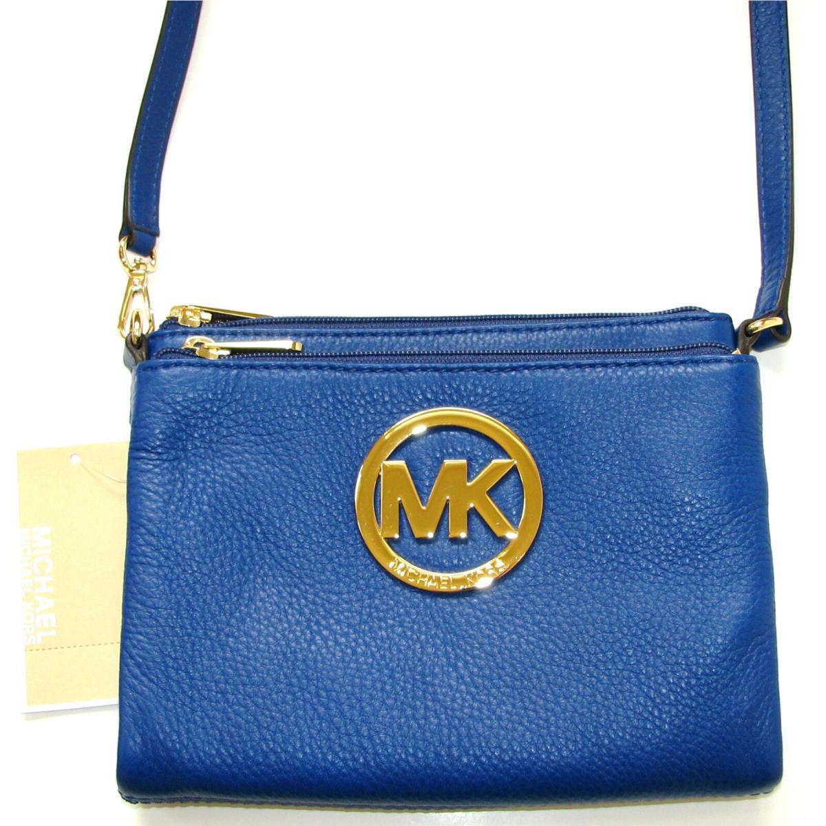 Michael Kors Fulton Cadet Blue Leather+gold Tone Crossbody Handbag