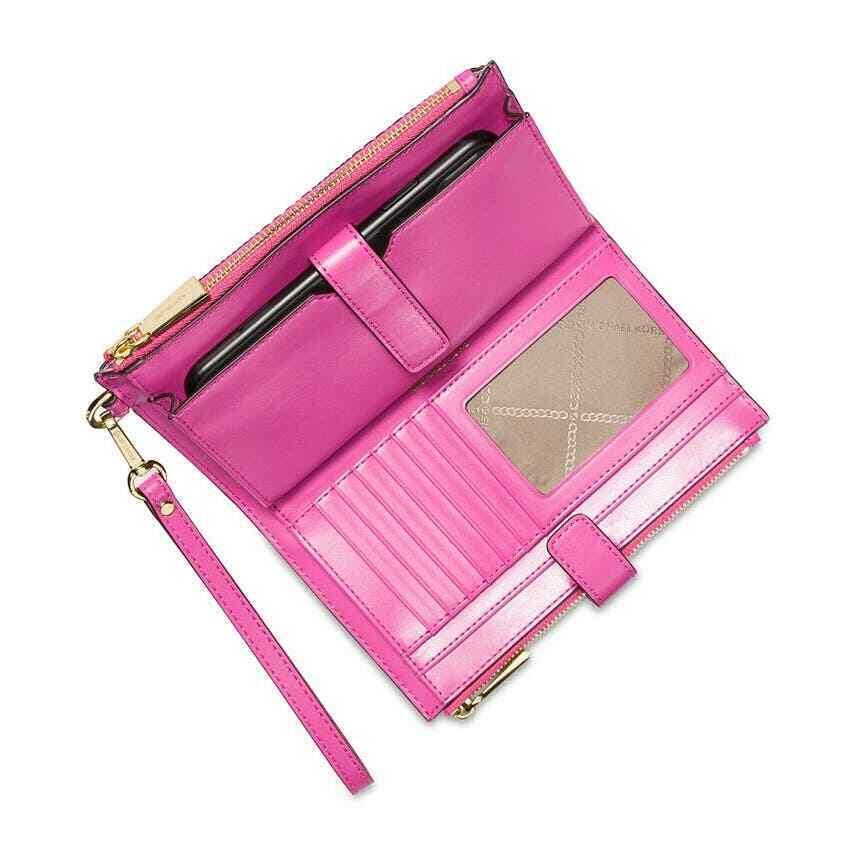 Michael Kors Signature Jet Set Double Zip W Cerise Wristlet Style Wallet - Pink, Handle/Strap: Pink, Exterior: Cerise