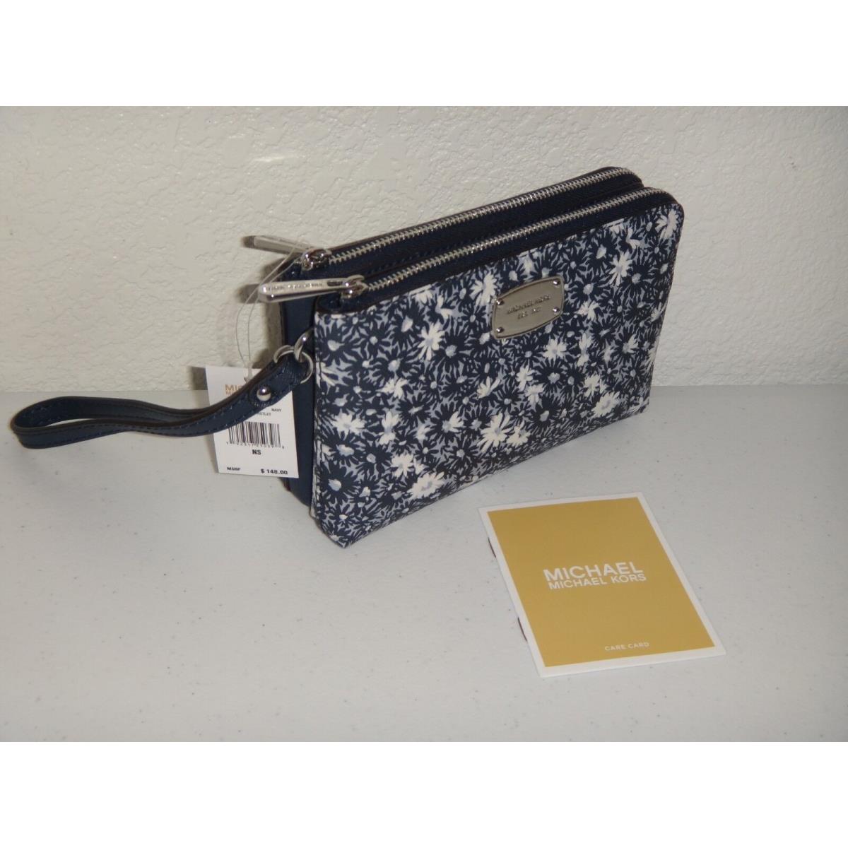 Michael Kors Womens MK Floral Double Zip Wristlet Clutch Wallet Navy Blue Silver