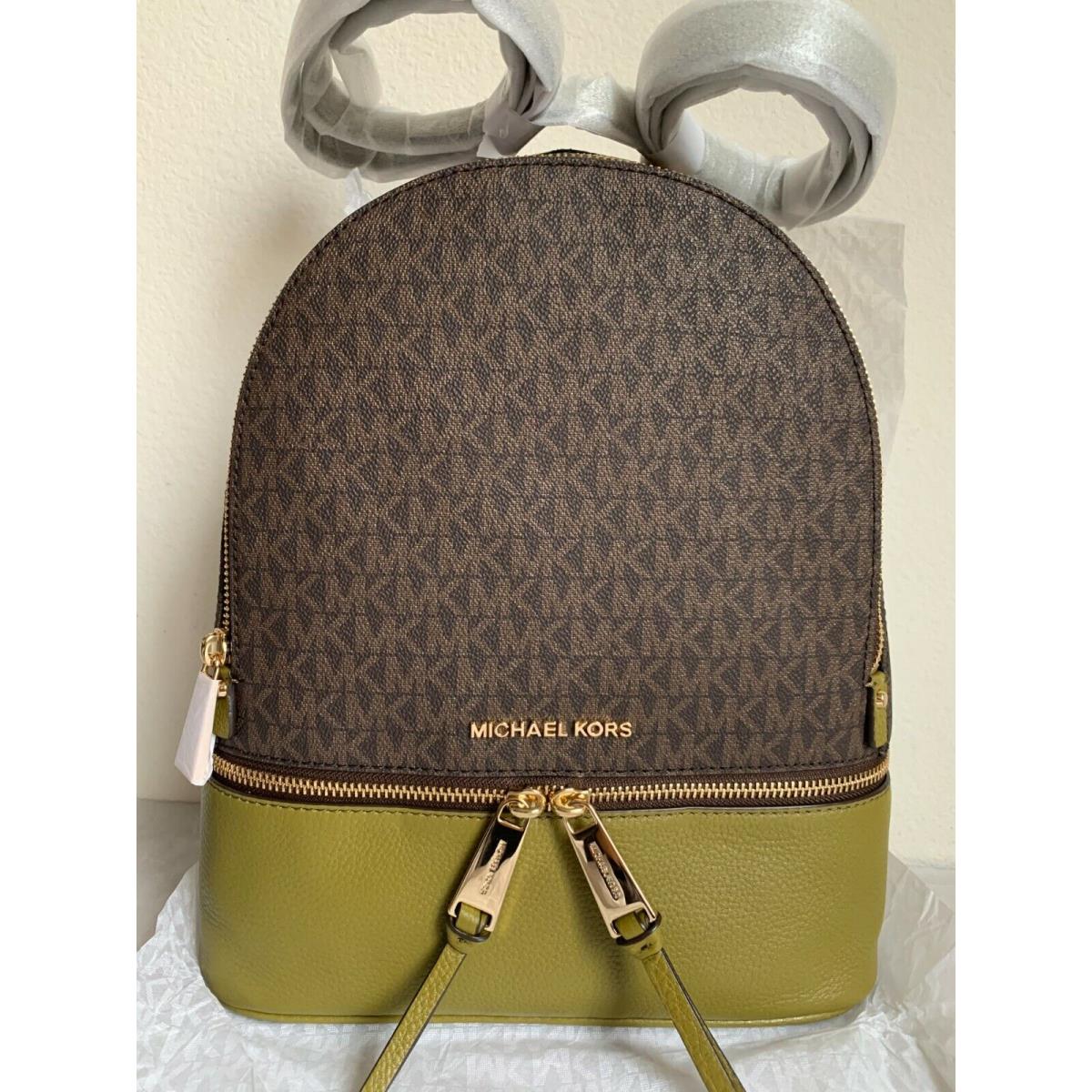 Michael Kors Rhea Zip Medium Logo Pebbled Leather Backpack Brown/pistachio