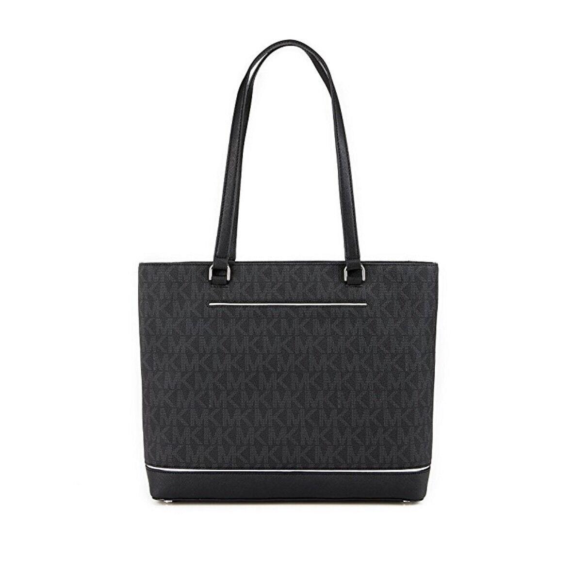 Michael Kors Signature Frame Out Tote Large Black Silver