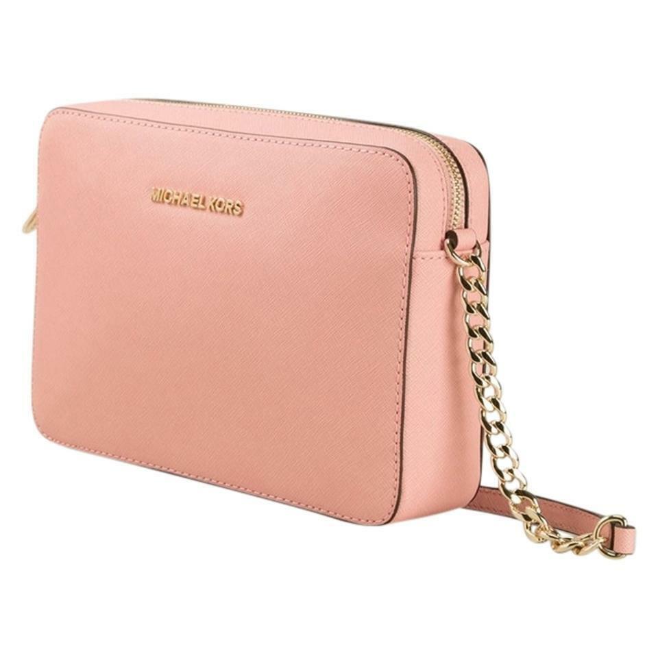 Michael Kors Jet Set Travel Pink Saffiano Leather Crossbody Chain Links Strap