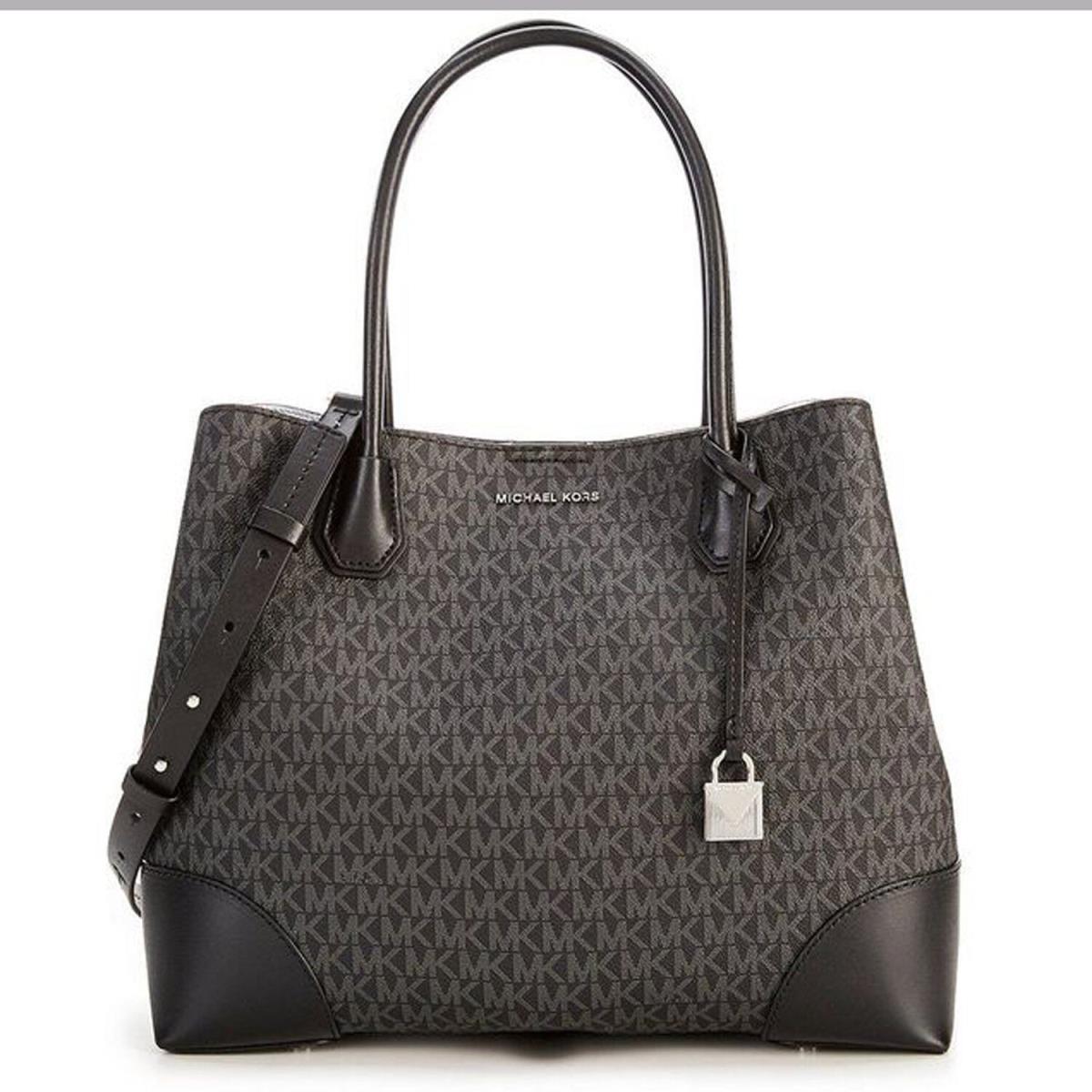Michael Kors Mercer Corner LG Center Zip Signature Tote Convertable Black Pewter