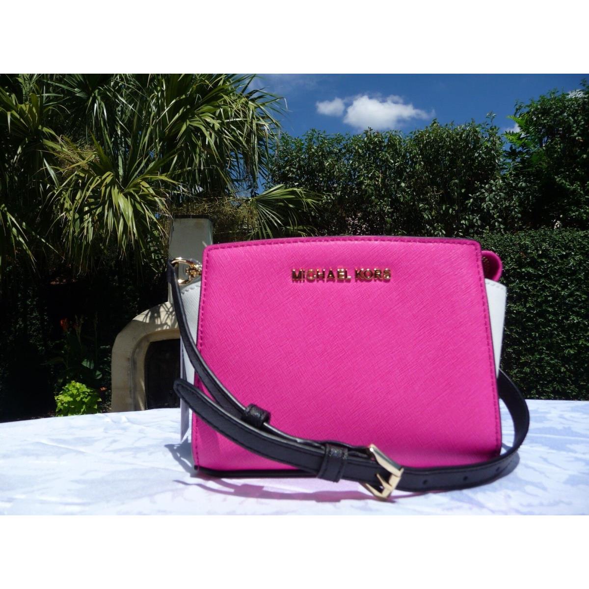 Michael Kors Mini Colorblock Selma Saffiano Messenger Raspberry Pink White