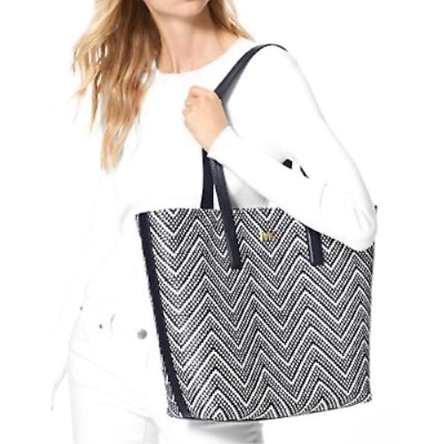 Michael Kors MK Junie Chevron Leather Tote Navy White Blue Handbag Handbag - Exterior: Navy blue and white, Lining: White Blue, Handle/Strap: Blue