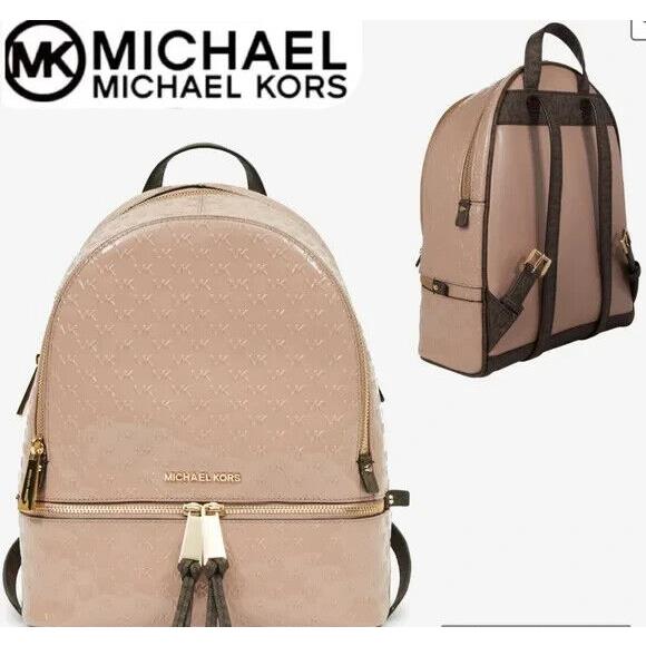 Michael Kors Rhea Zip Backpack Fawn Pink Logo Leather Med Travel School