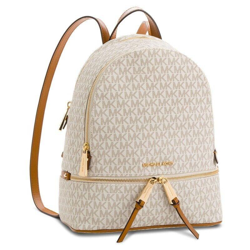 Michael Kors Rhea Zip Med Backpack Vanilla Logo Signature Travel School