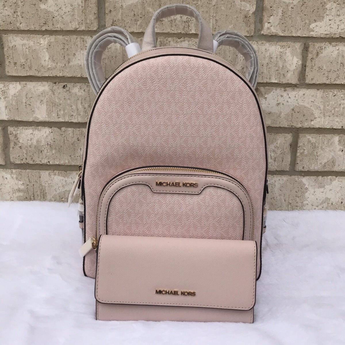 Michael Kors Jaycee Medium Zip Pocket Backpack MK Pink Logo Leather and Wallet