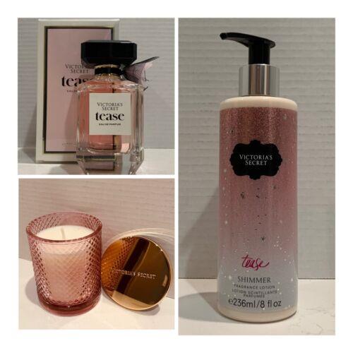 Victoria`s Secret Tease Eau de Parfum 3.4 Fl.oz. / Shimmer Lotion / Candle