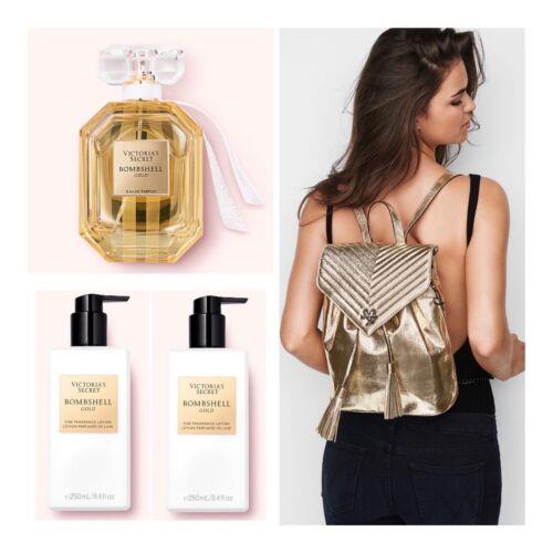 Victoria`s Secret Bombshell Gold Eau de Parfum 1.7 Fl.oz. /lotion 2 /backpack