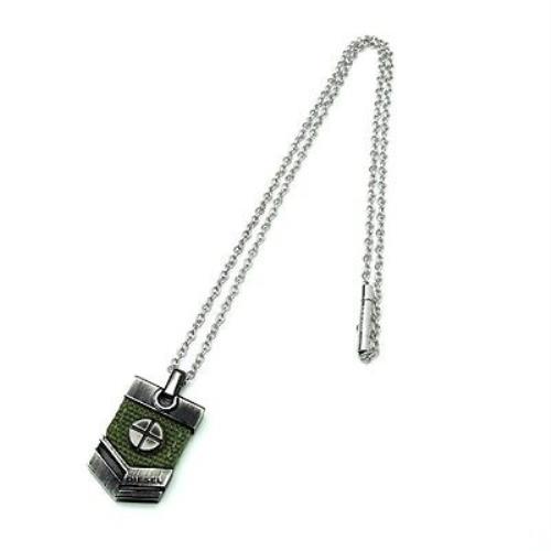 Diesel Silver Stainless Steel Military Totemic Green Canvas Necklace DX0525