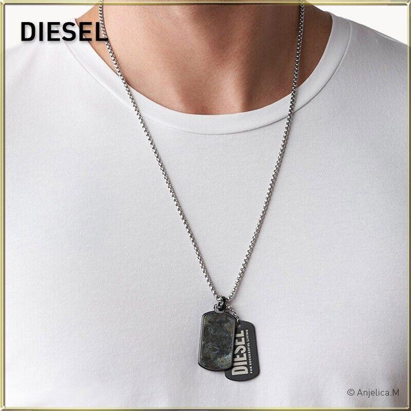 Diesel Labradorite and Stainless Steel Dog Tag Necklace DX1327040