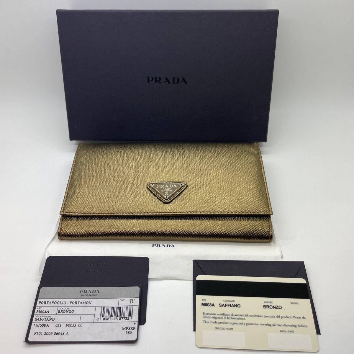 Vtg Prada Portafoglio Portamon Wallet Saffiano Bronze Gold Leather Wallet M608A