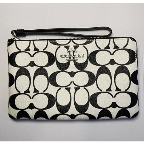 Coach Black White Signature Large Corner Zip Wristlet Wallet CP488