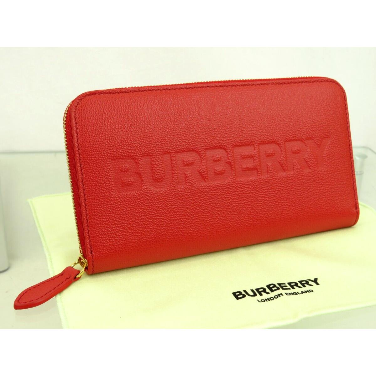 Burberry Elmore Red Logo Embossed Leather Zip Around Clutch Continental Wallet
